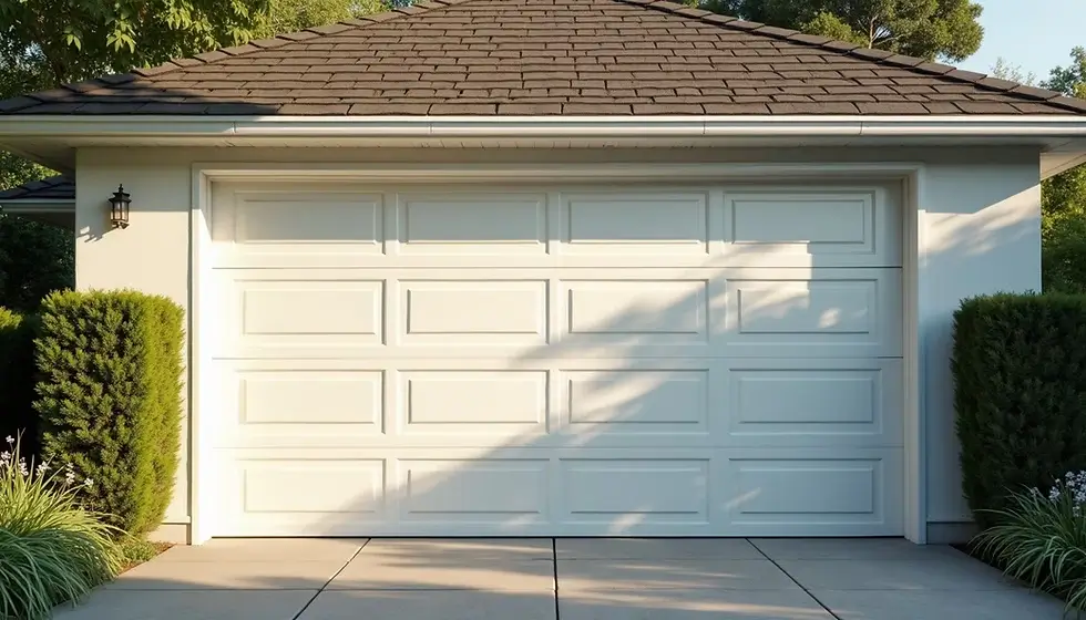 Traditional white raised long panel garage door installed on a suburban home in Austin, Texas